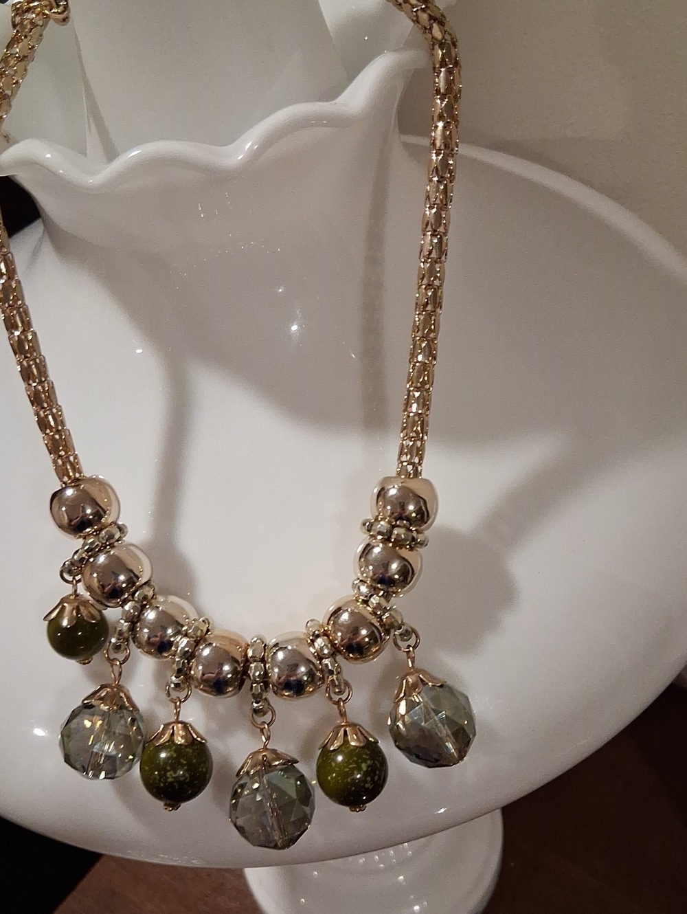 Gold-Tone Statement Necklace with Olive Green and Smoky Beads